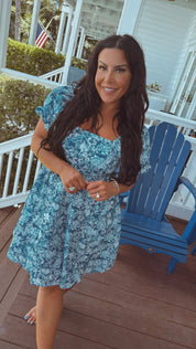 Chic Blue and White Floral Puff Sleeve Dress-DEA; OF THE DAY