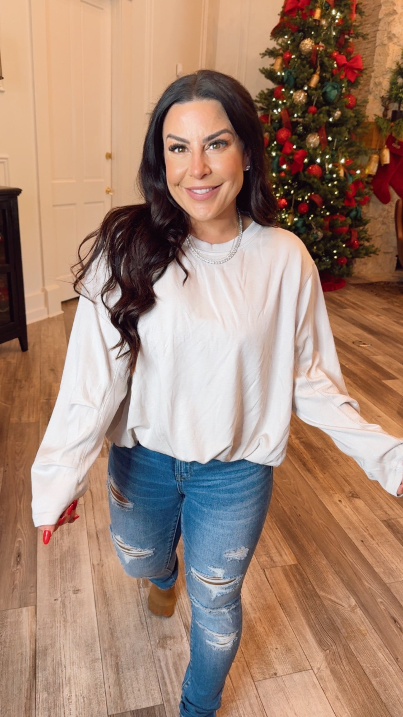 Cozy Co Natural High Low Ruched Bubble Hem Long Sleeve Top