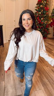 Cozy Co Natural High Low Ruched Bubble Hem Long Sleeve Top