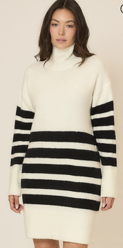 Cozy Co Striped White and Black Turtle Neck Sweater Dress