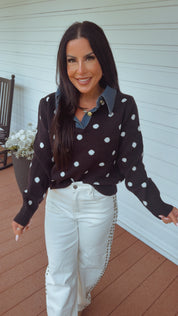 Black and White Polka Dot Denim Collar Top