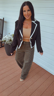 Luxe Black and White Trim Gold Button Blazer