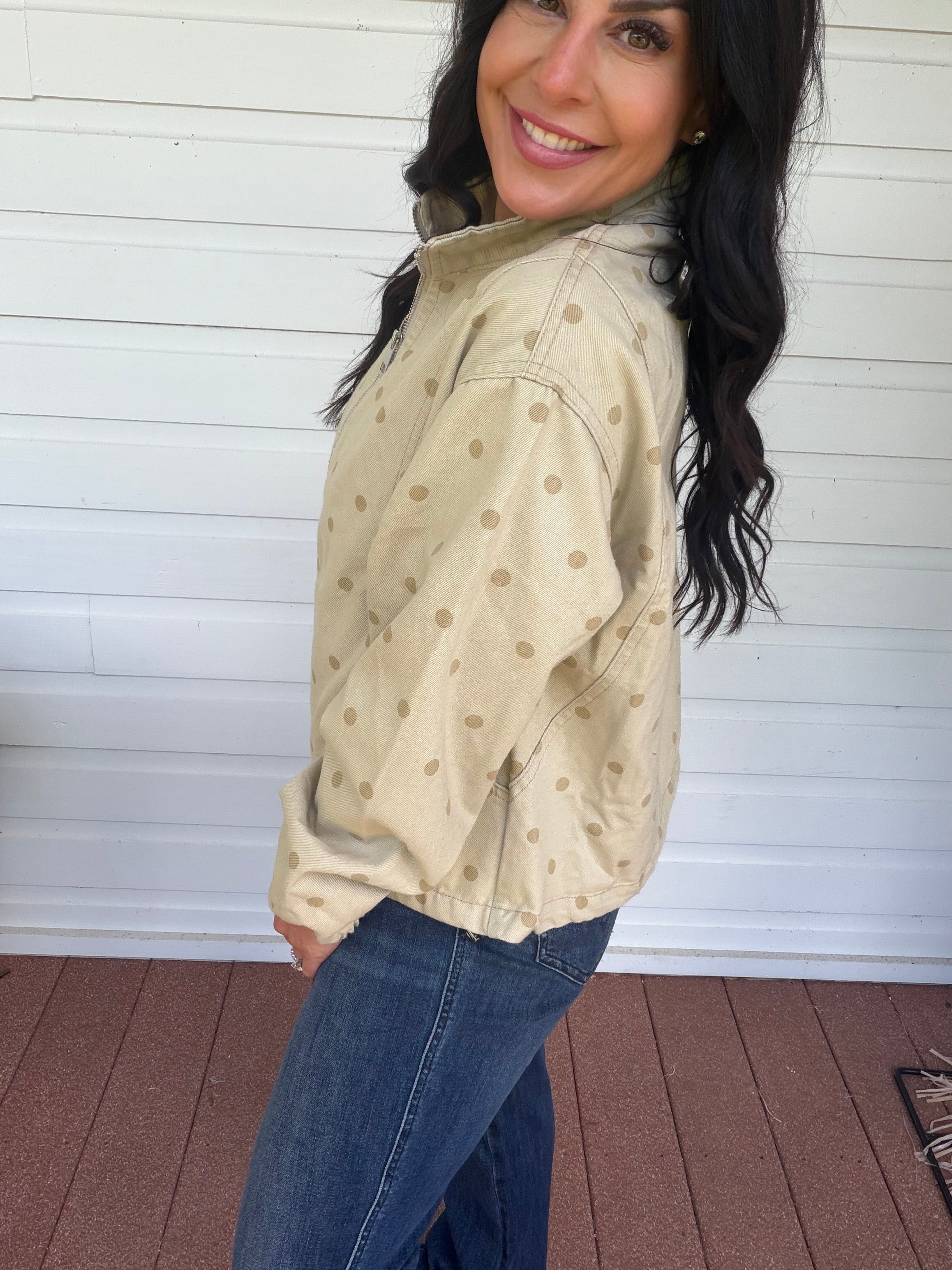 Taupe Dot Denim Zip Up Jacket