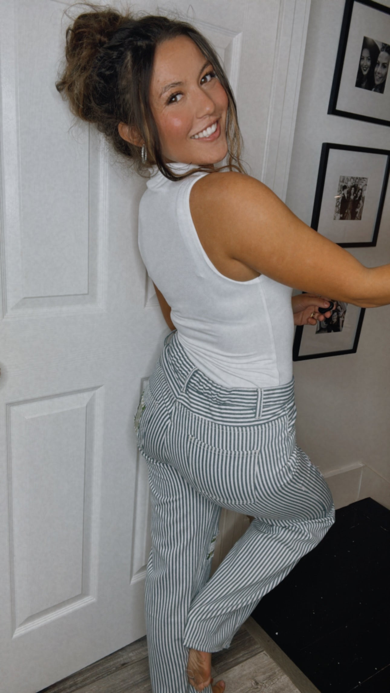 Blue and White Denim Pinstripe and Patch POL Joggers