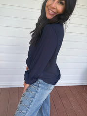 Diva Navy Sparkle Long Sleeve Blouse