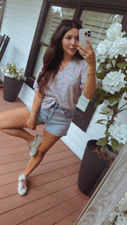 Blue and Pink Floral Waffle Knit Top