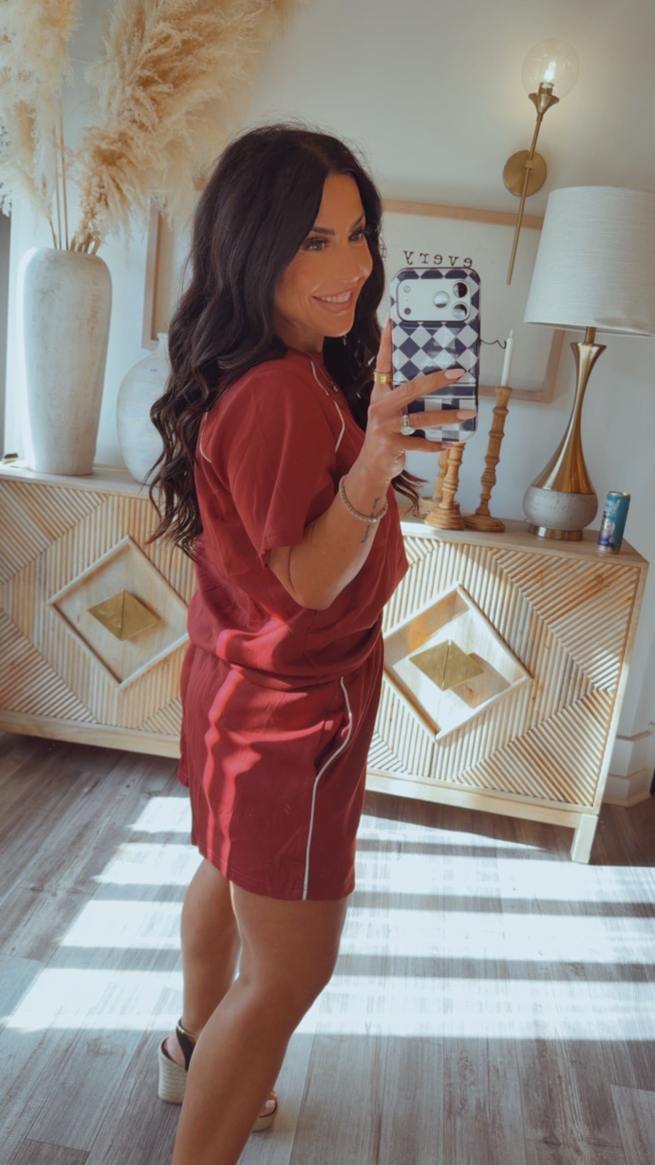 Maroon And White Stripe Top and Shorts Set