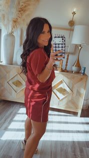 Maroon And White Stripe Top and Shorts Set