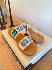 Corky Double Strap Light Tan and Blue Sandals