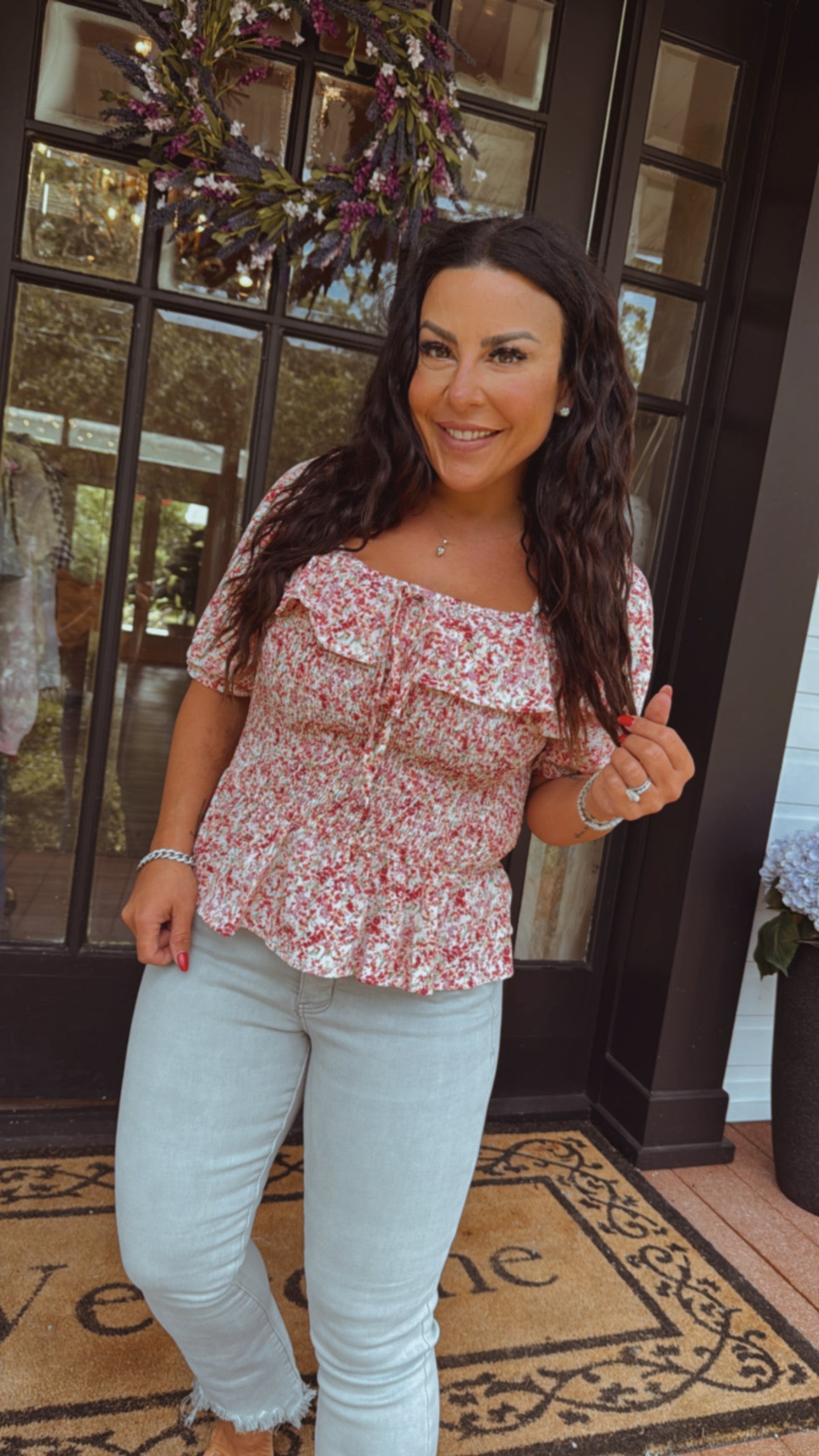 Lightweight Pink and Yellow Floral Smocked Waist  Ruffle Top