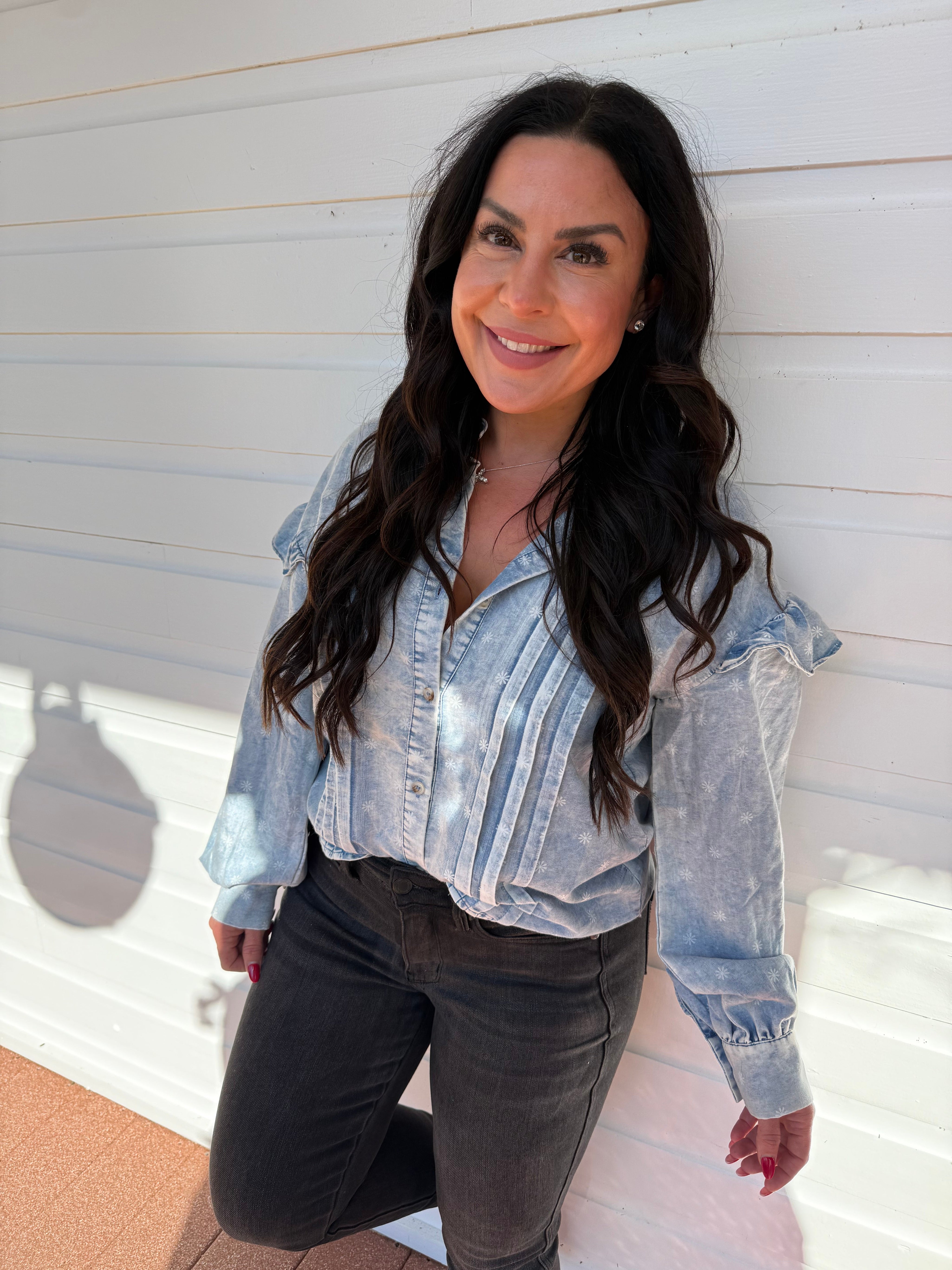 Denim and floral Button Up Lightweight Shacket Top