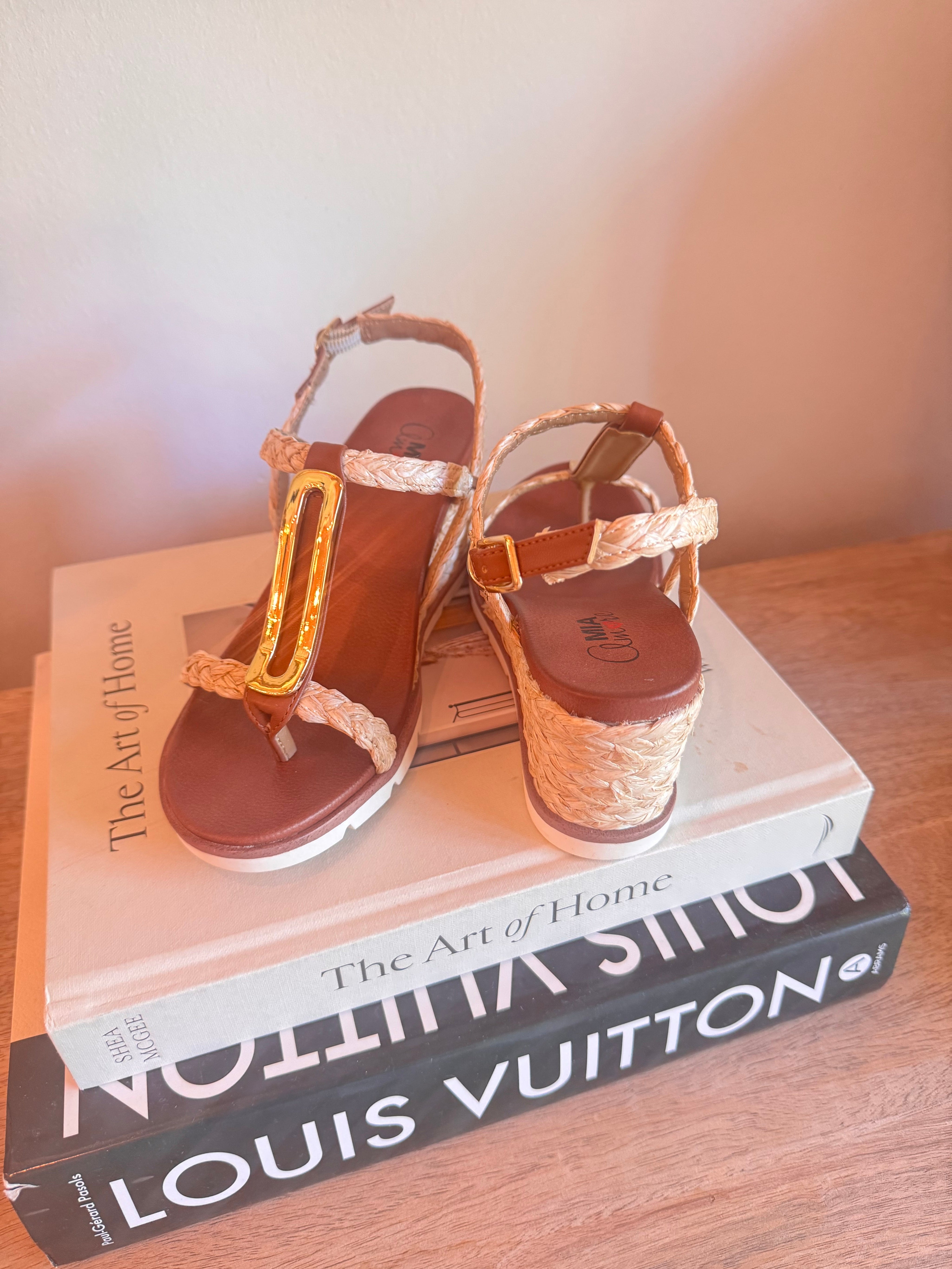 Dark Brown and Woven Strap Wedges