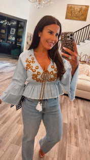 Chic Denim And Brown Embroidered Bell Sleeve POL Top
