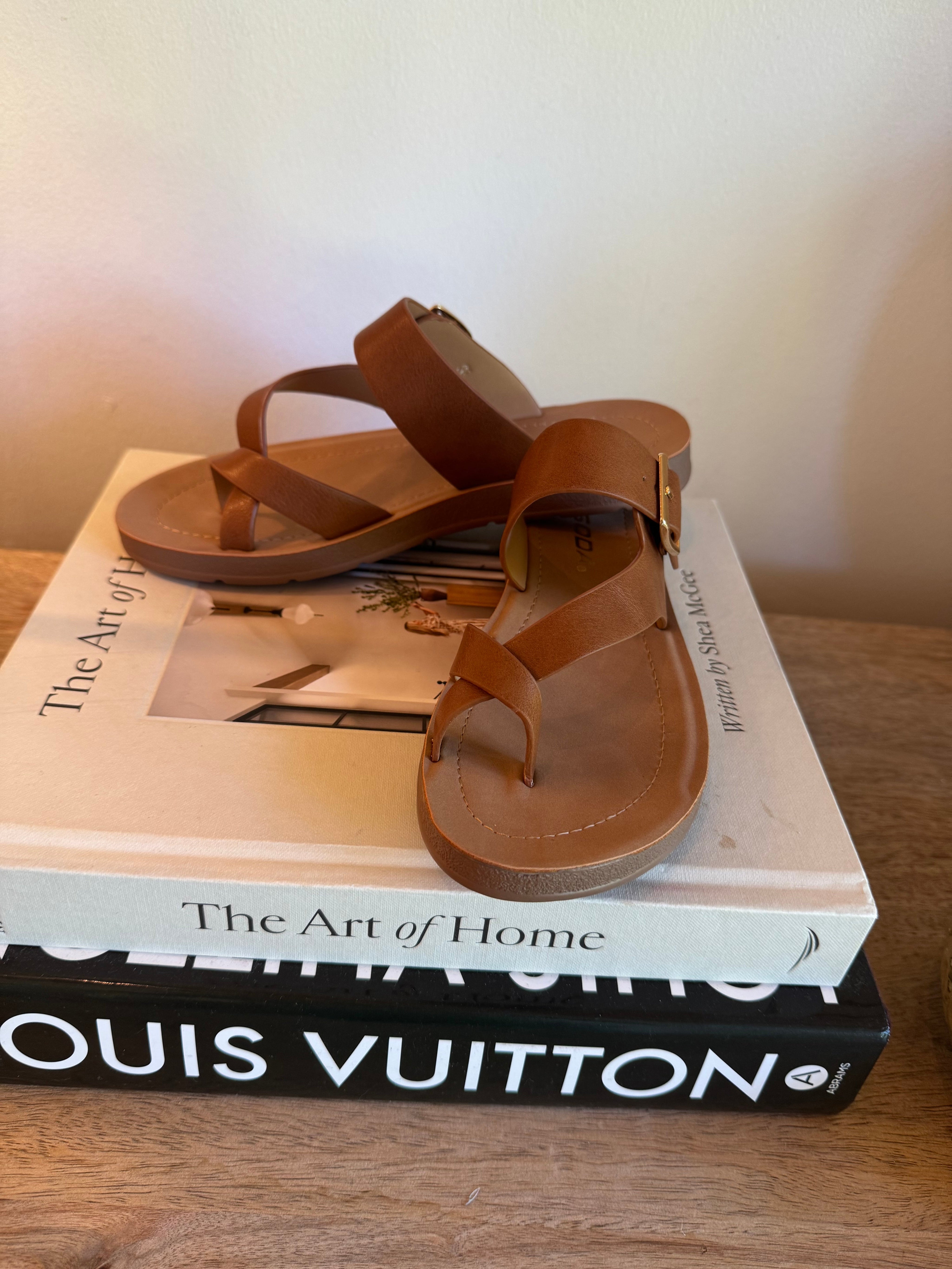 Brown and Tan Criss Cross Strap Sandals