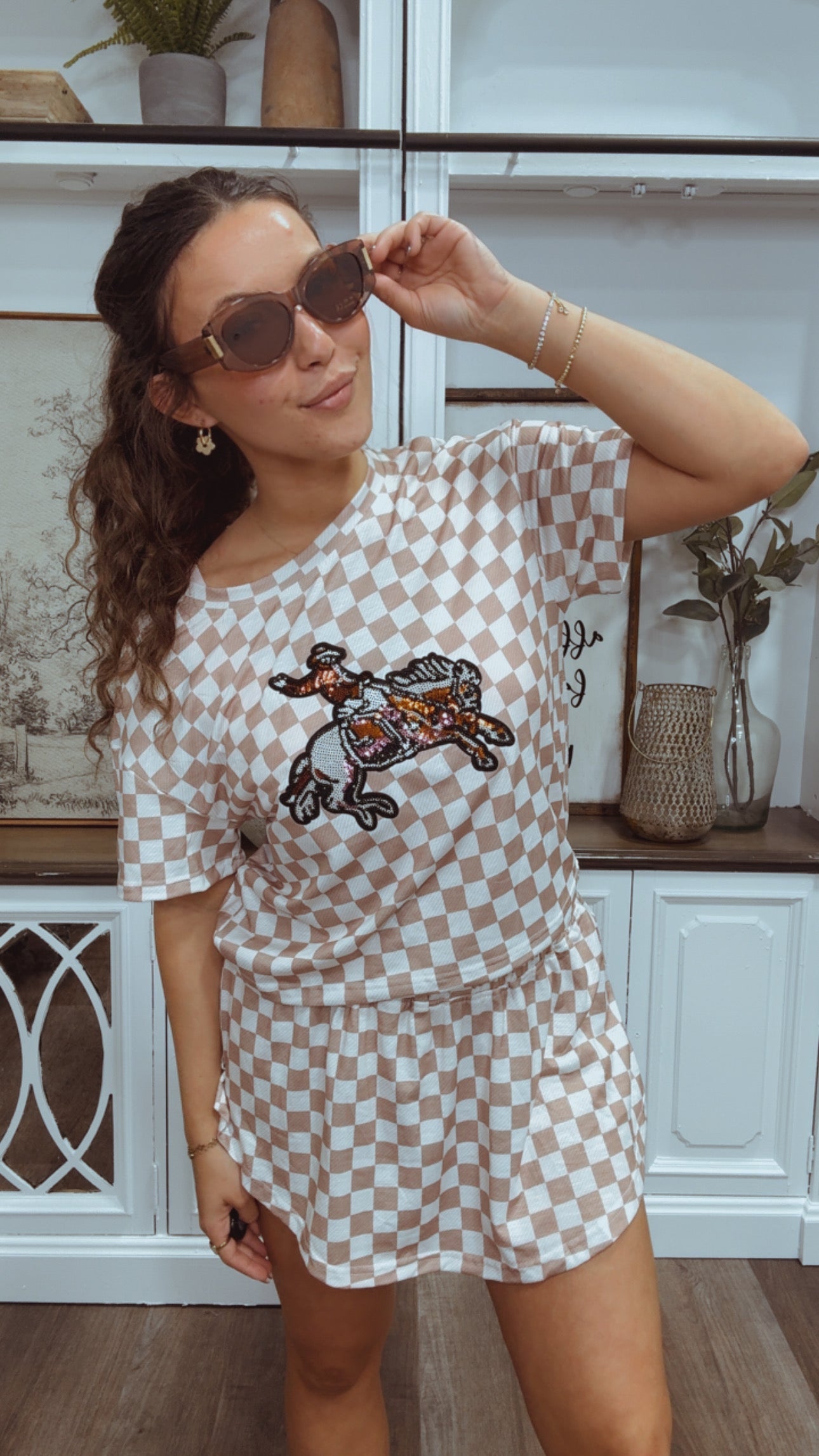 Brown and White Checkered Cowboy Sequin Set Top and Skort - DEAL OF THE DAY !!