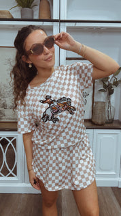 Brown and White Checkered Cowboy Sequin Set Top and Skort - DEAL OF THE DAY !!