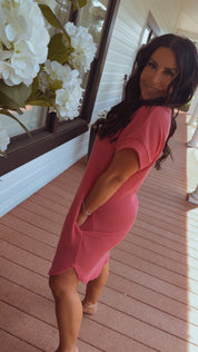 Hot Pink Ribbed Lightweight Dress With Pockets