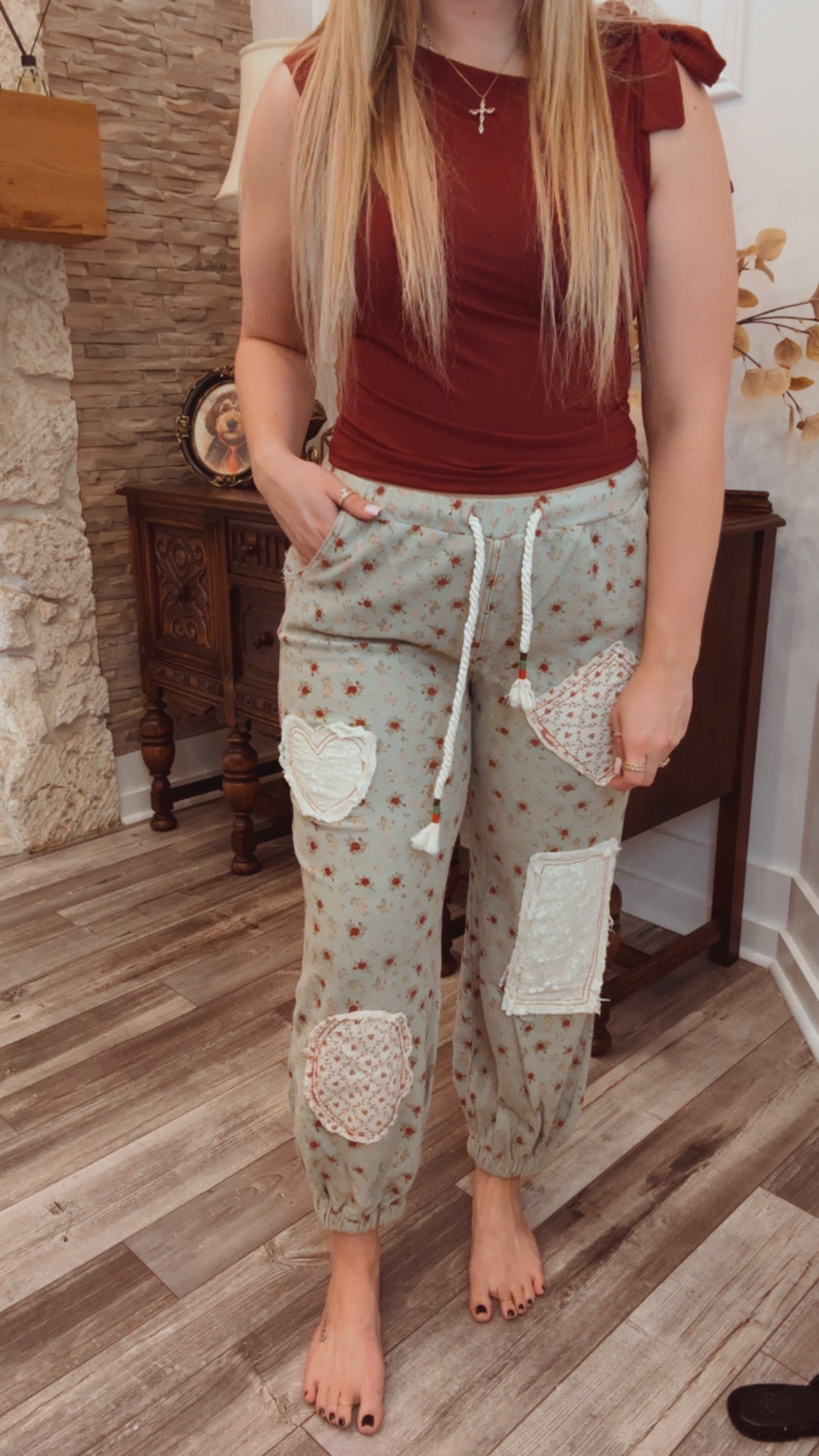 PoL Pale Mint and Floral Denim Joggers
