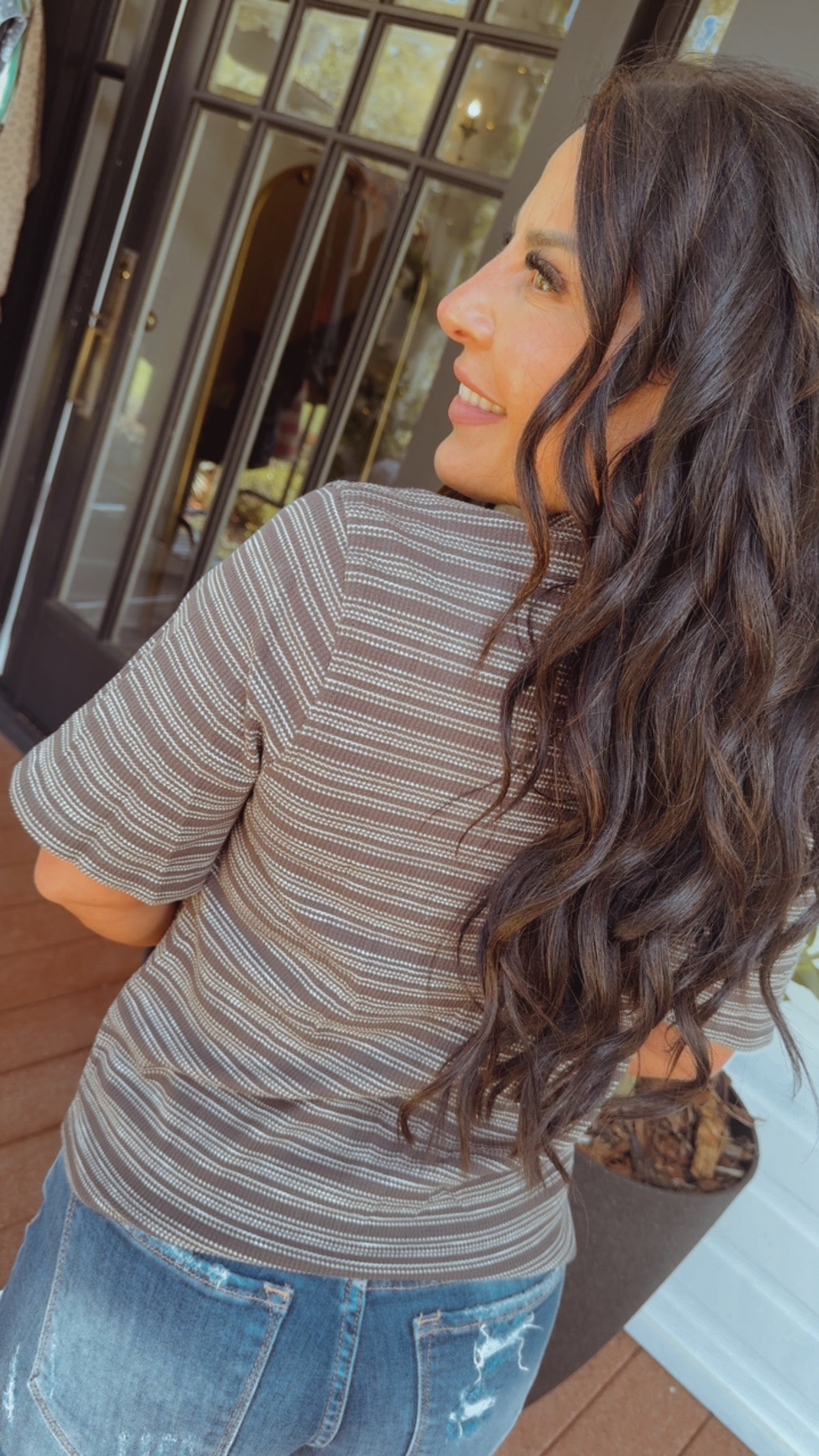 The Greii Brown Striped Collared Button Up Top