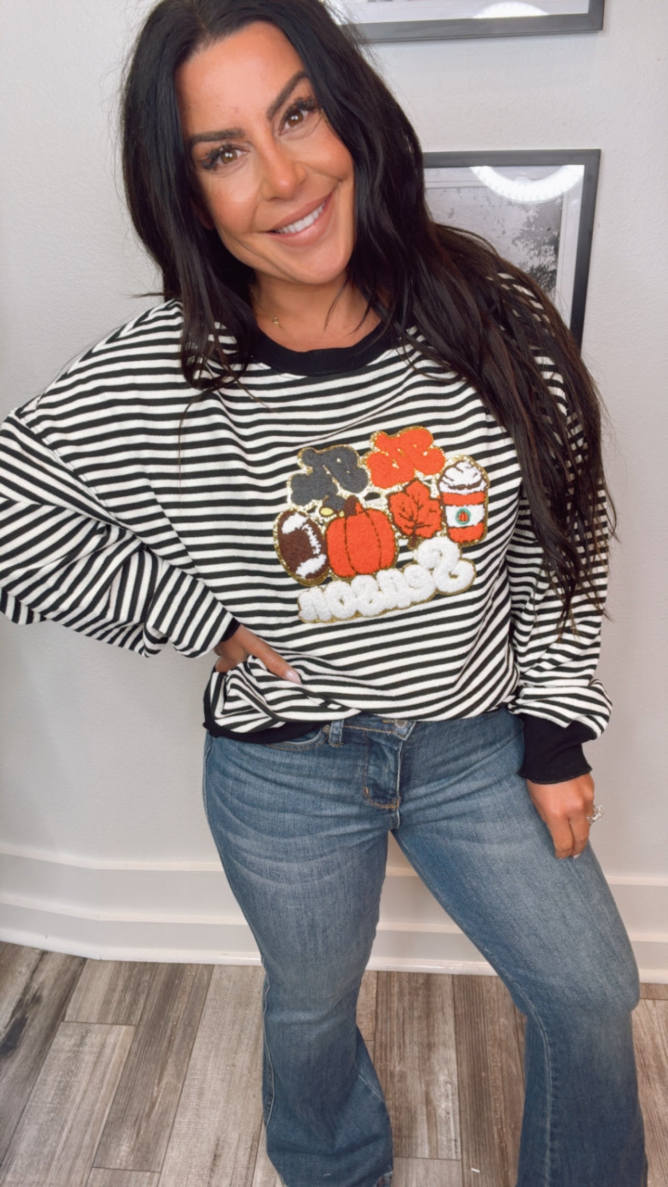 Black and White Striped Tis the Season Patch Sweater Top