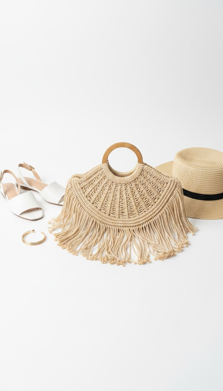 Tan Crochet Tassel Bag