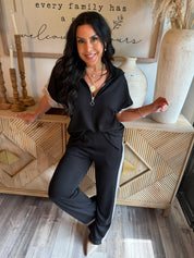 Luxe Black And Taupe Set Top and Straigt Leg Jogger Set