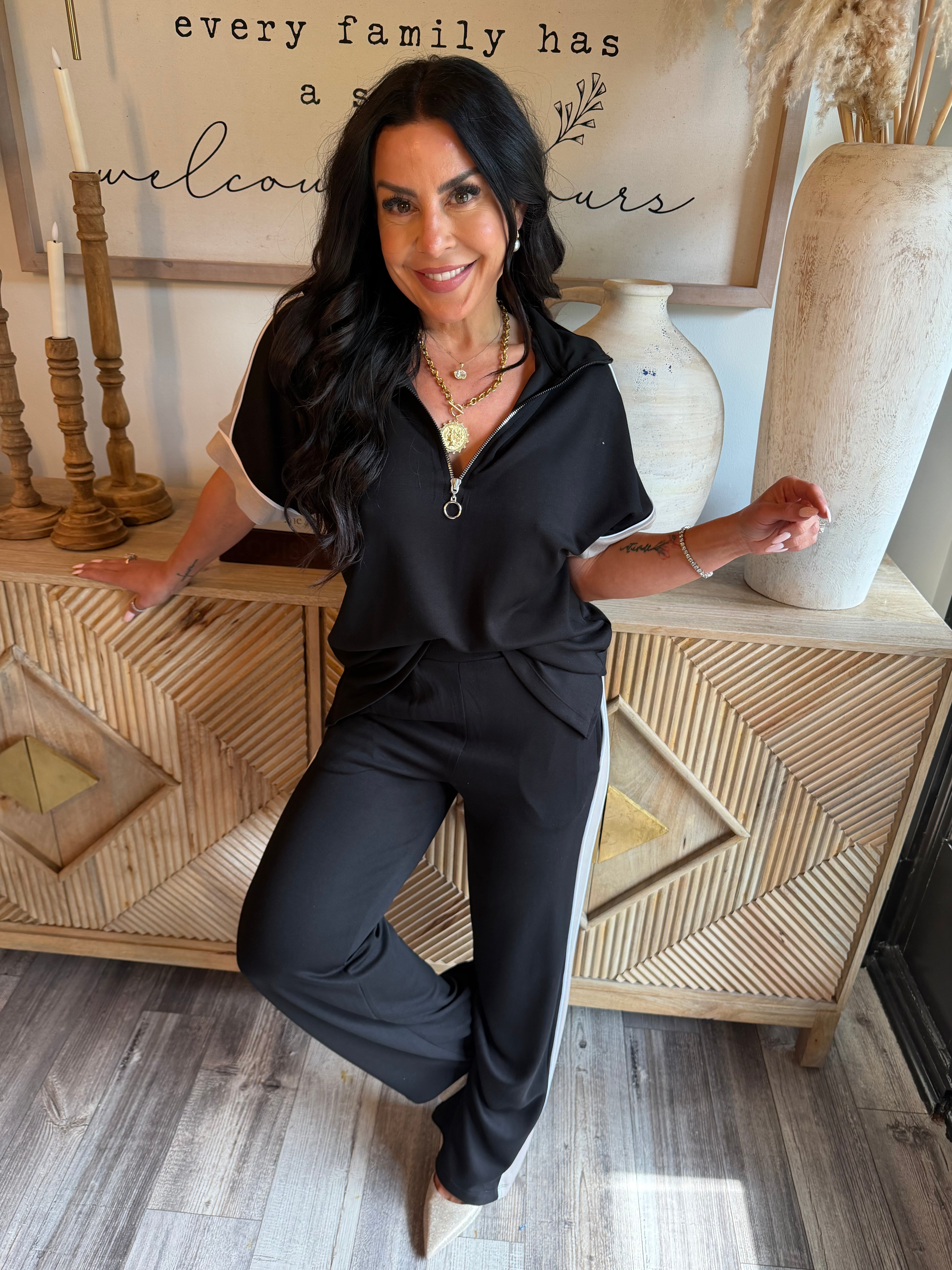 Luxe Black And Taupe Set Top and Straigt Leg Jogger Set