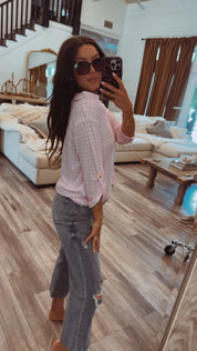 Purple and White Gingham Ultra Soft 3/4 Sleeve Top