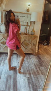 Hot Pink Ribbed Vcut Loose Fit Top