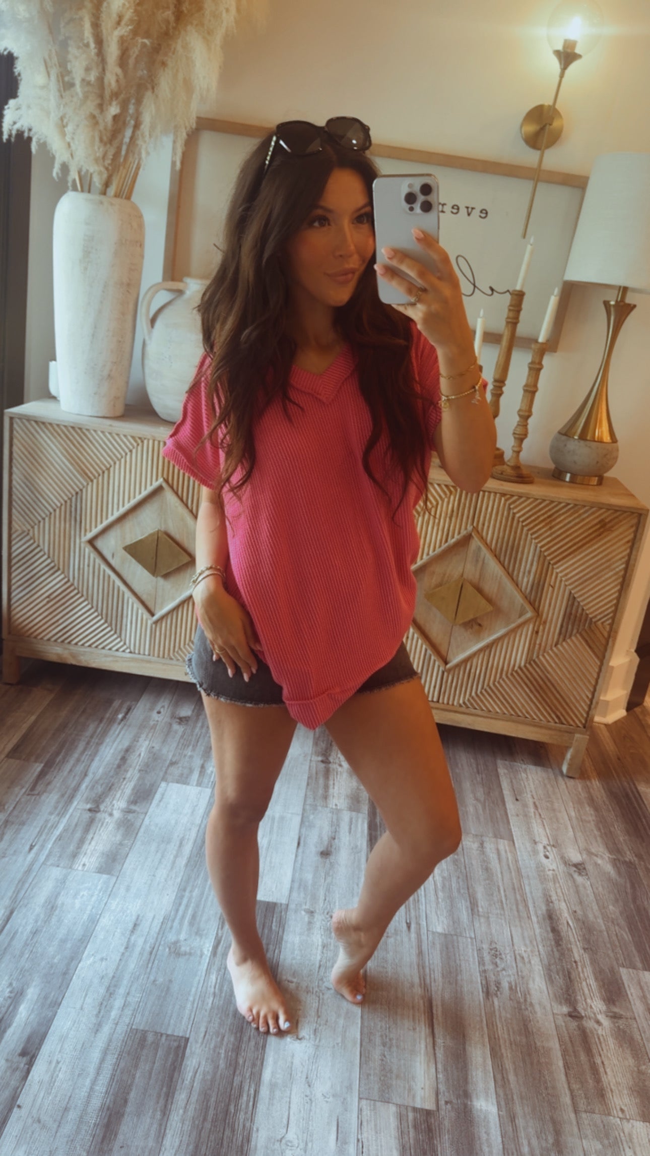Hot Pink Ribbed Vcut Loose Fit Top