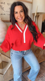 “Yes that is my yacht “ Red and White Crop Knit Collared Knit Top