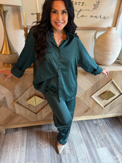 Chic Emerald Loose Fit Long Sleeve Button up Top and Pants Set