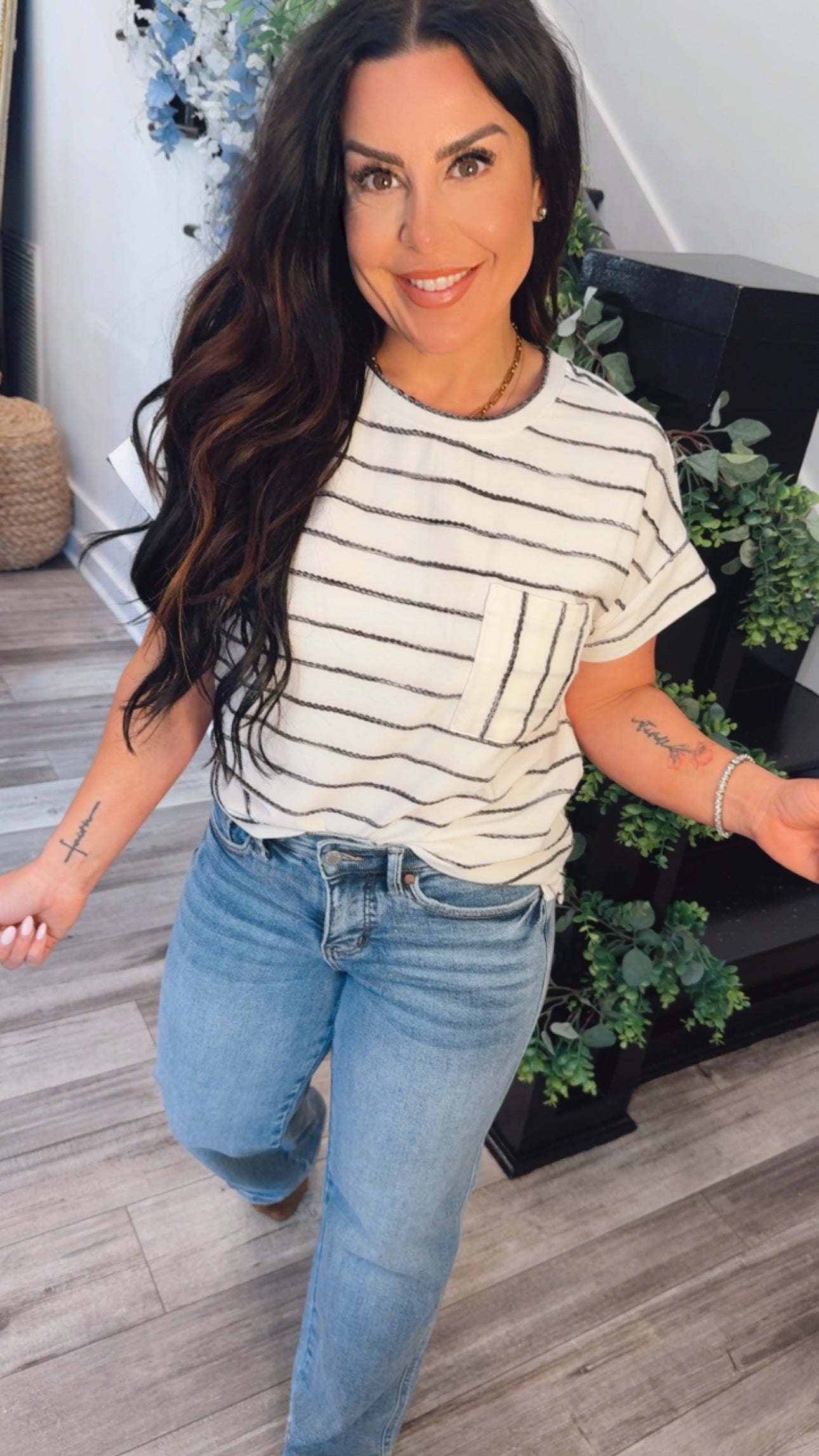 Ivory And Black Scalloped Stripe Tee