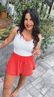 Red Denim and Crystal Embellished Skort