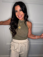 Olive Acid Wash Side Ruched Tank