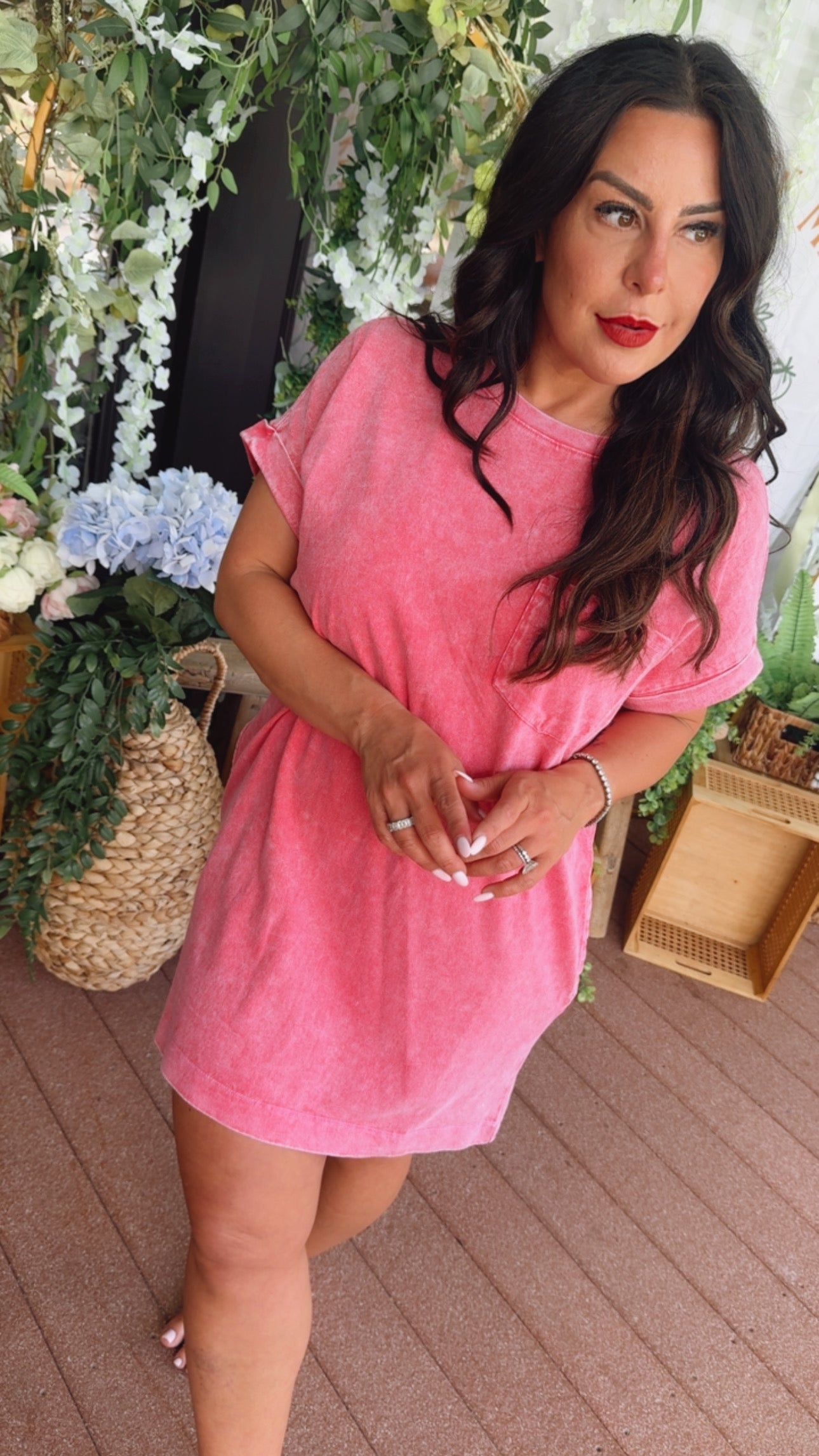 Hot Pink Acid Wash Lightweight T Shirt Dress