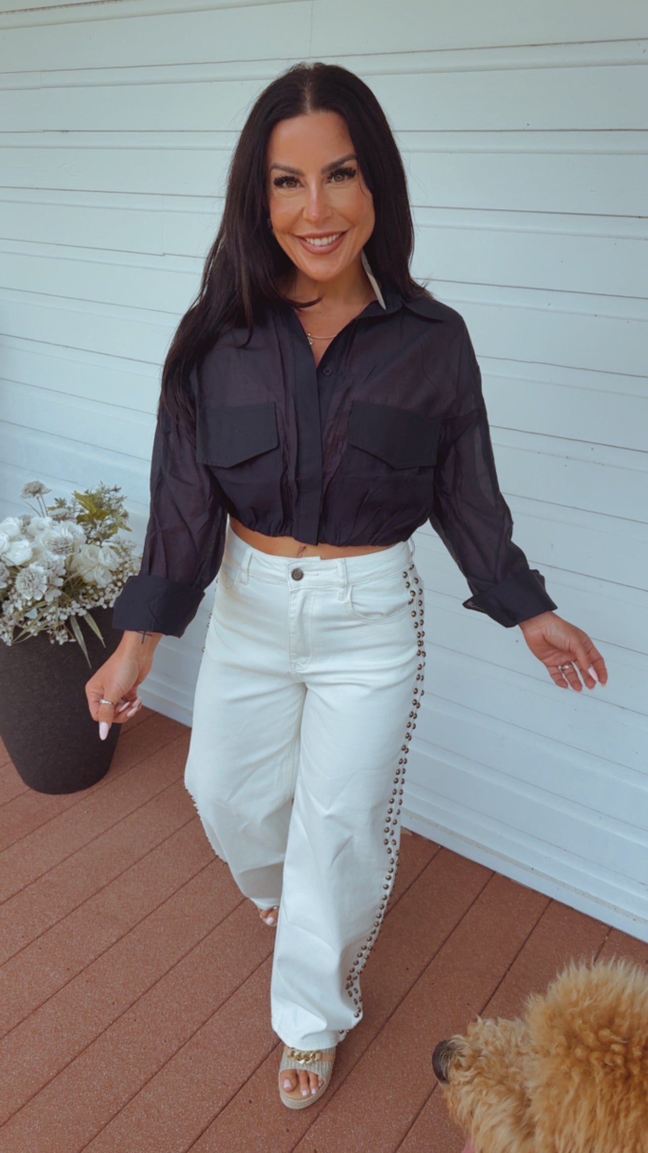 “The Show Stopper ” Sassy Navy Lightweight Long Sleeve Button Up Crop Blouse