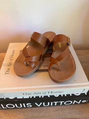 Brown and Tan Criss Cross Strap Sandals