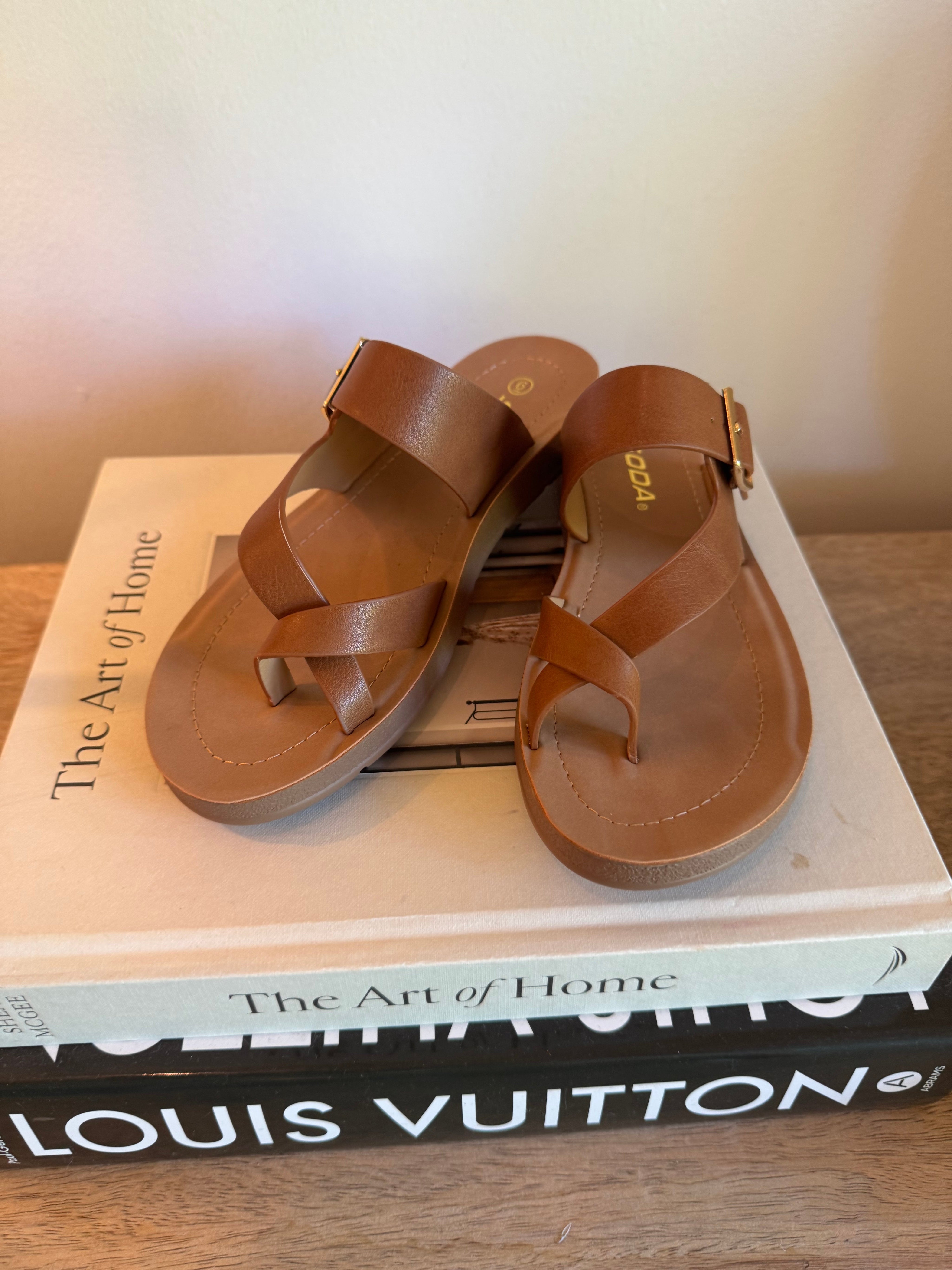 Brown and Tan Criss Cross Strap Sandals