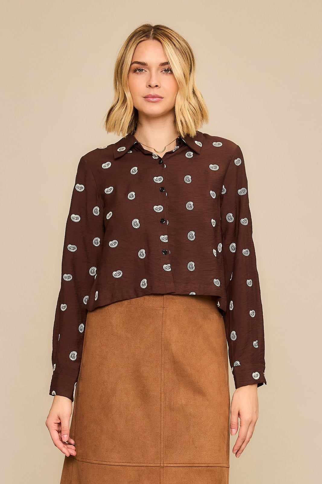 Cozy Co Espresso Embriodered Button Up Blouse