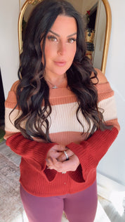 Cozy Co Chic Burgundy Colorblock Off Shoulder Knit Sweater
