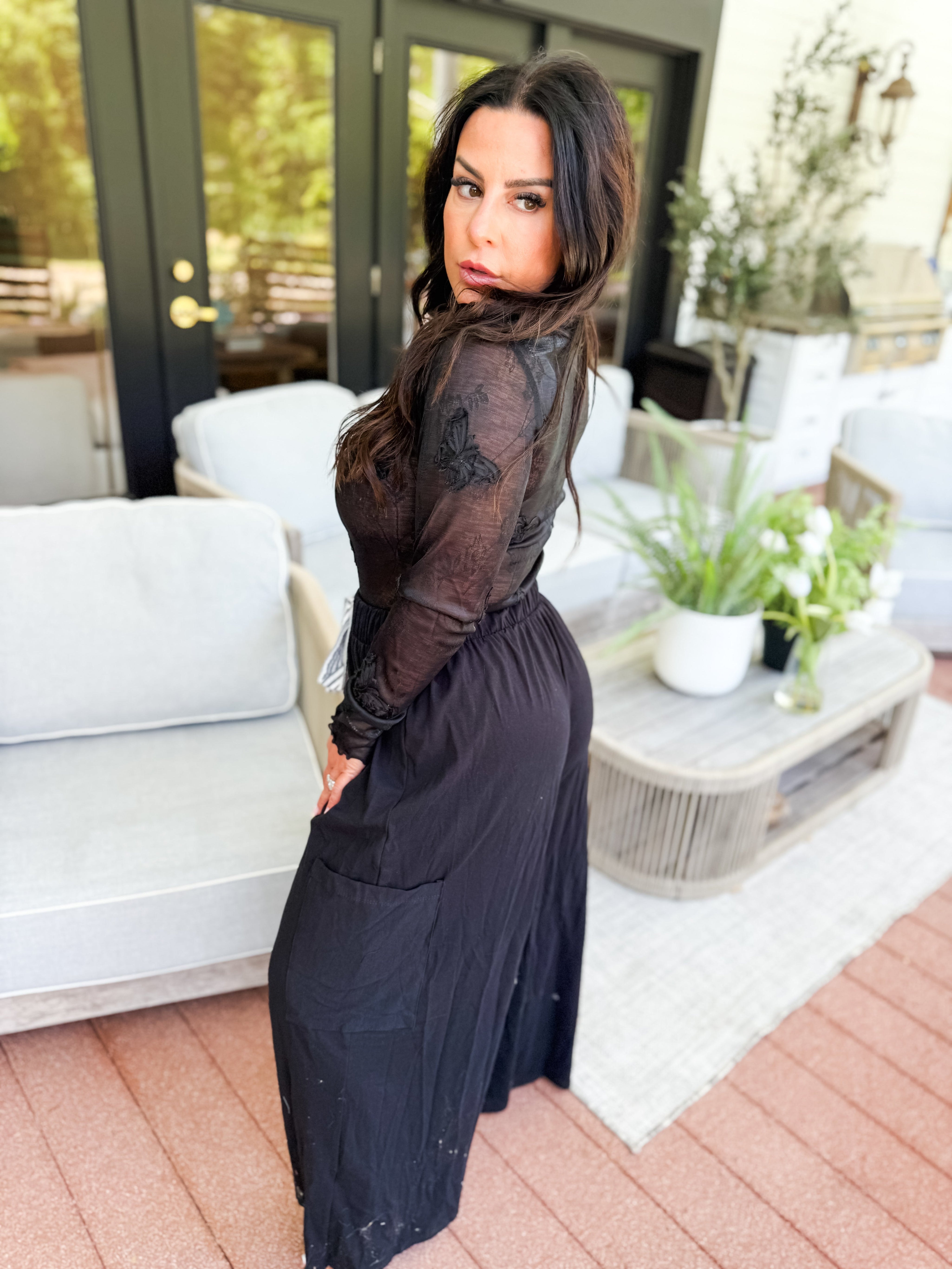 Ultra Soft Black Loose Fit Pants With Wide Linen Stripe Tie