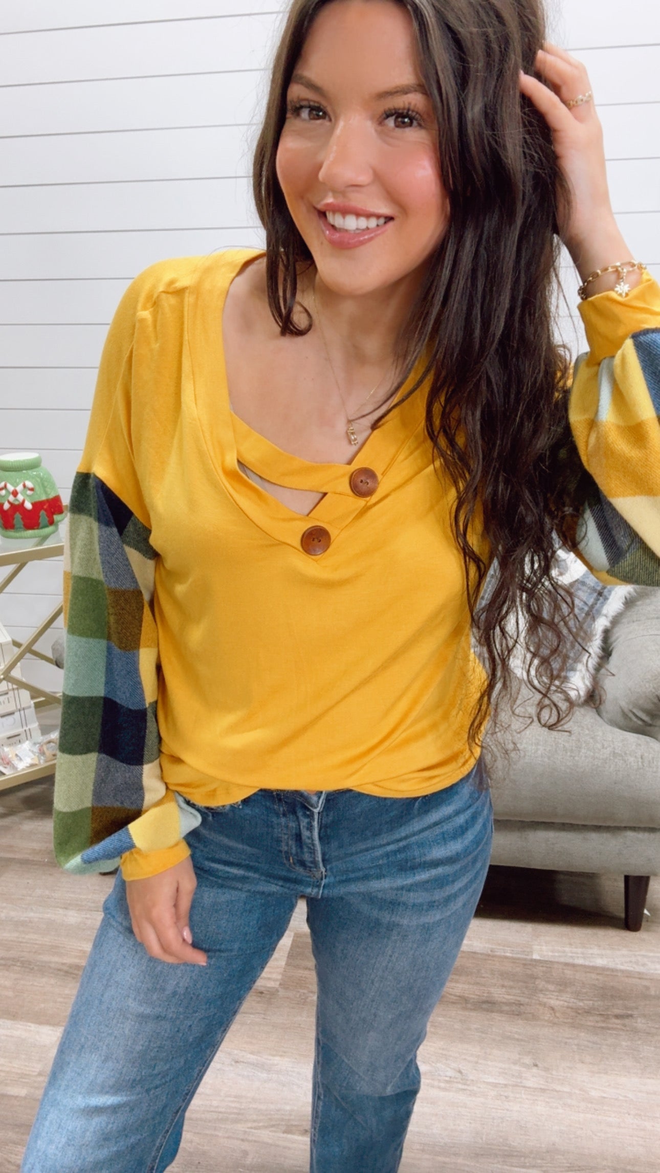 Yellow Plaid Long Sleeve Button Top *Final Sale*