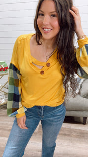 Yellow Plaid Long Sleeve Button Top *Final Sale*