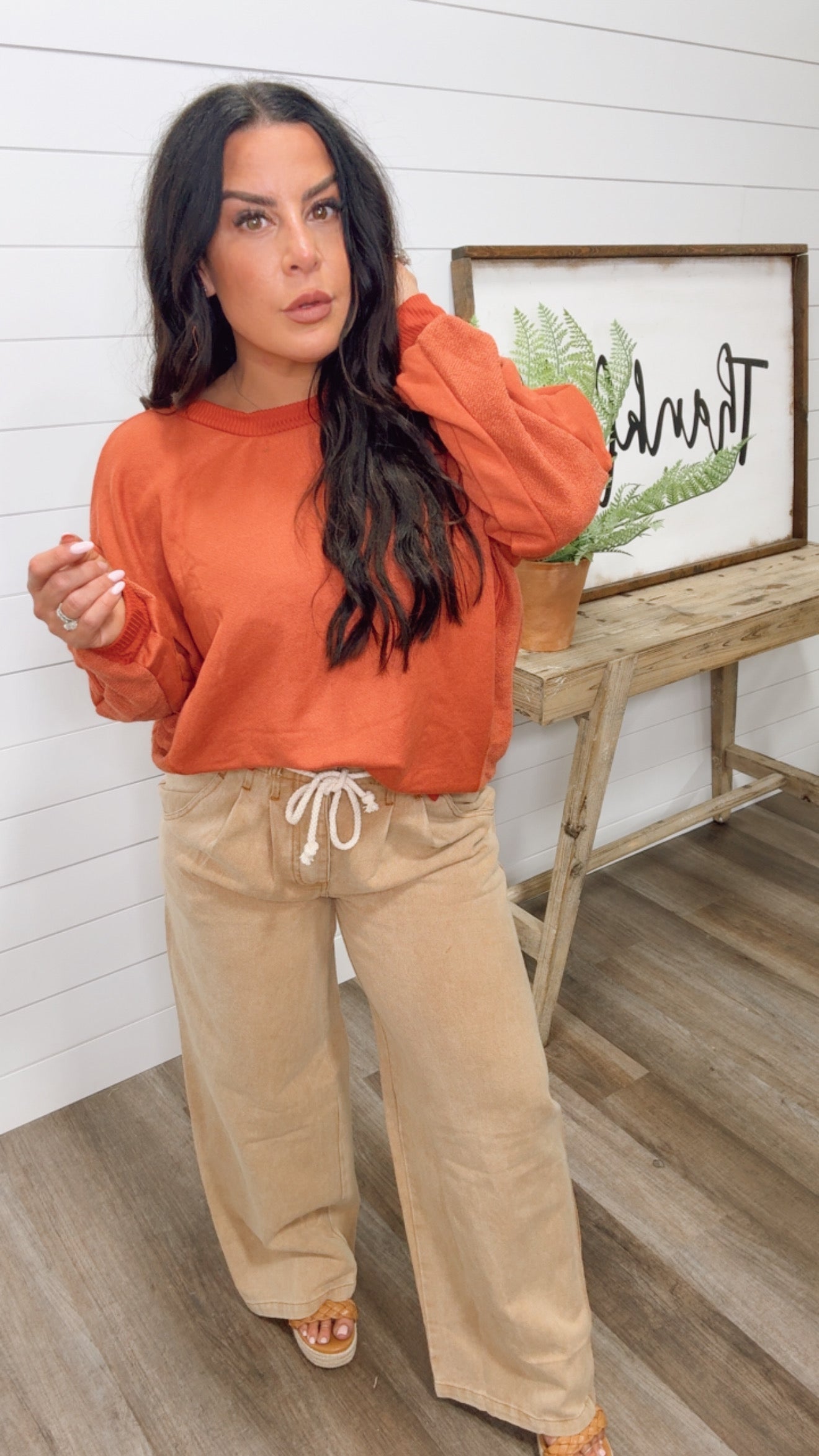 Mocha Wide Leg Denim Pants With Stretch Waistband