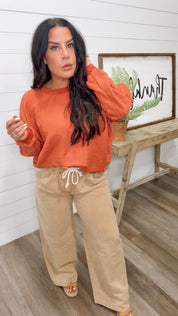 Mocha Wide Leg Denim Pants With Stretch Waistband