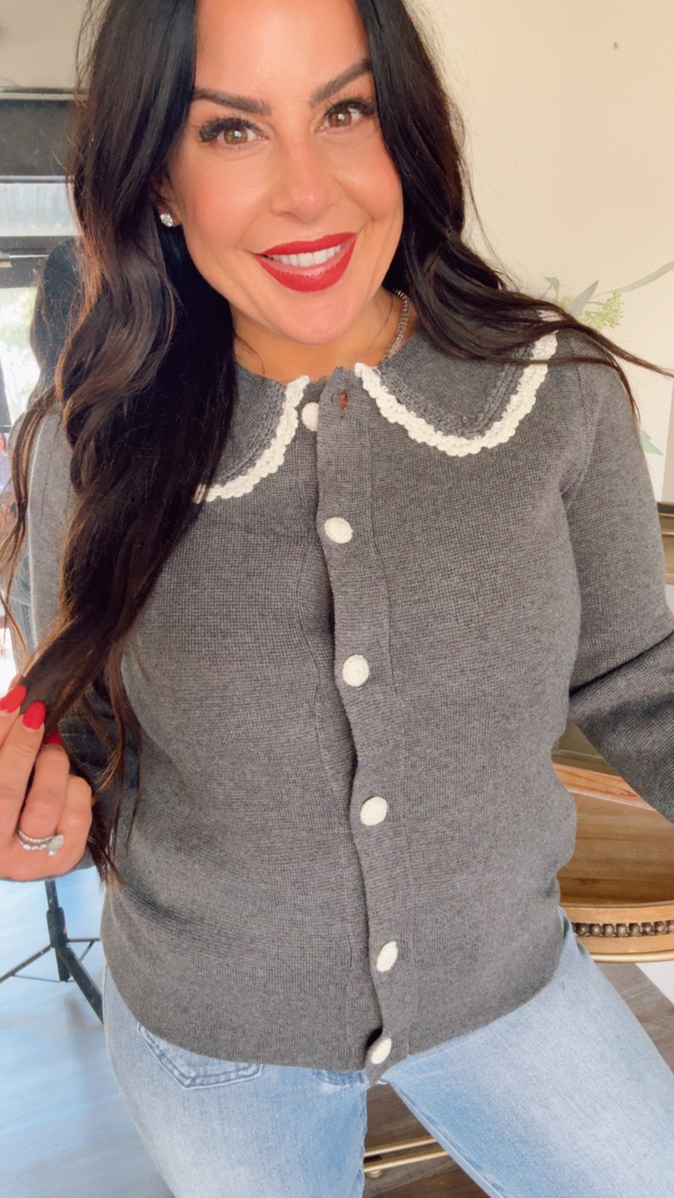 Charcoal And Crochet Lace Collared Knit Cardi