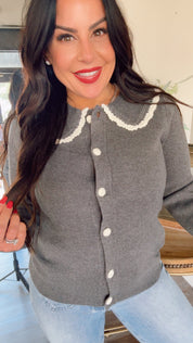 Charcoal And Crochet Lace Collared Knit Cardi