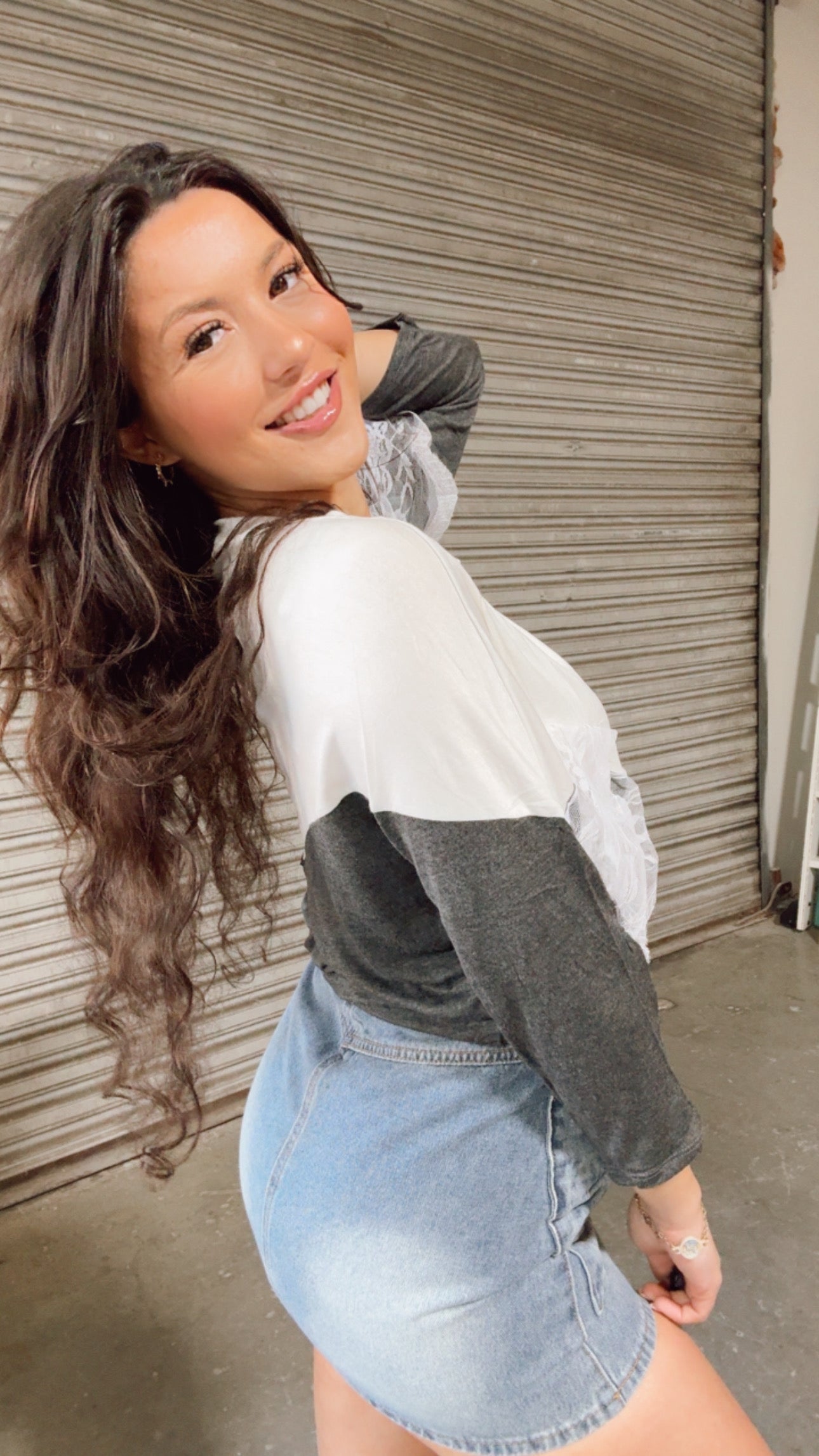 Grey And White Lace 1/4 Sleeve Top *Final Sale*