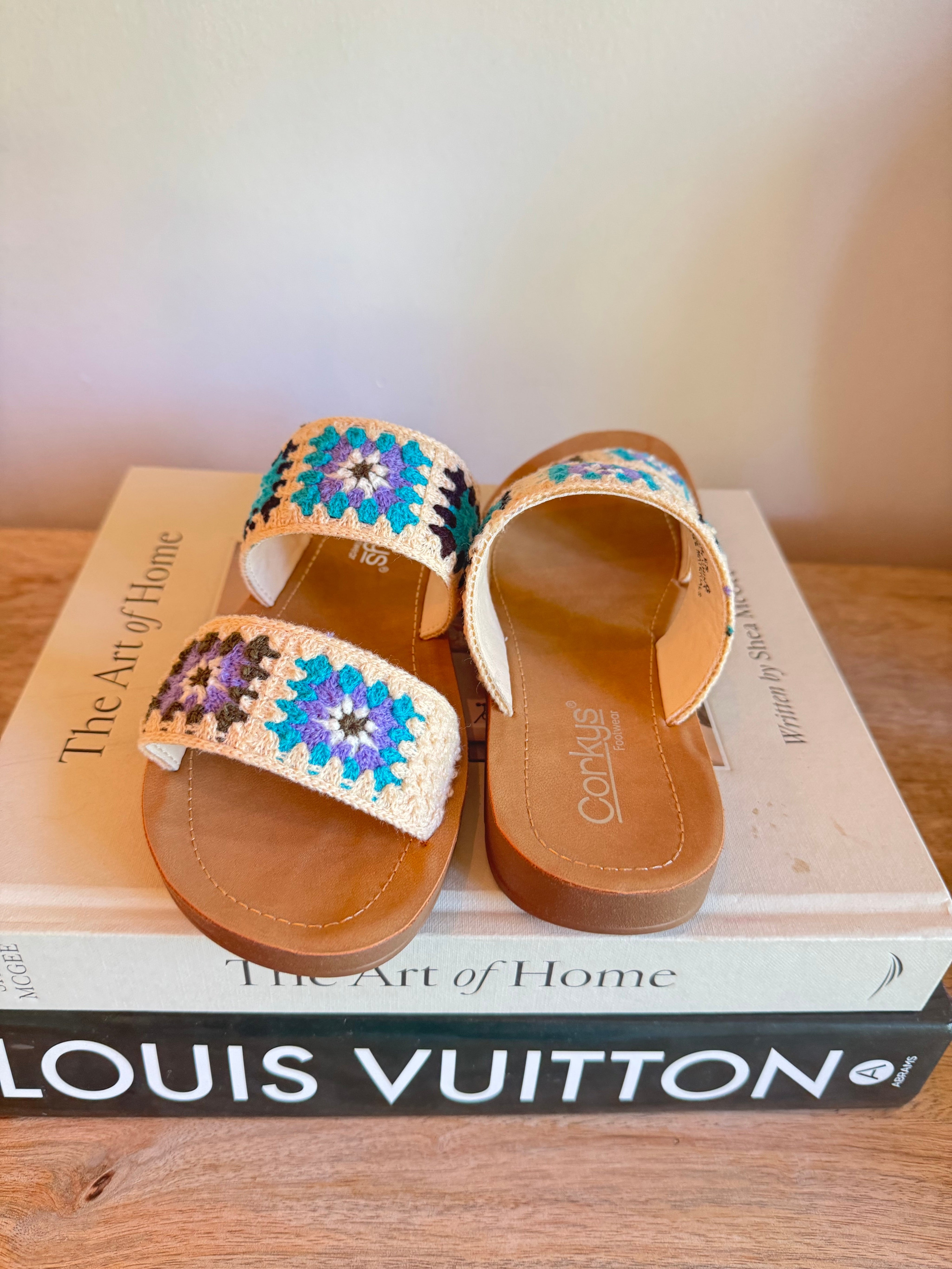 Corky Double Strap Light Tan and Blue Sandals